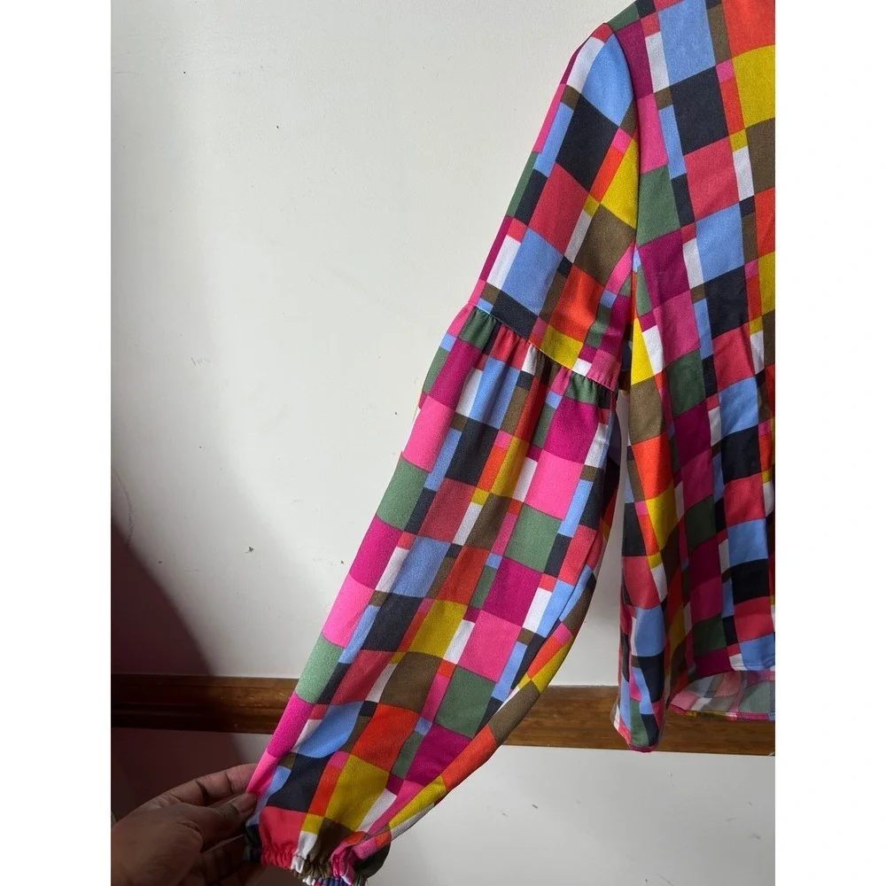 Michelle McDowell Ruffle Neck Blouse Women S‎ Multicolor NEW Patchwork Geometric